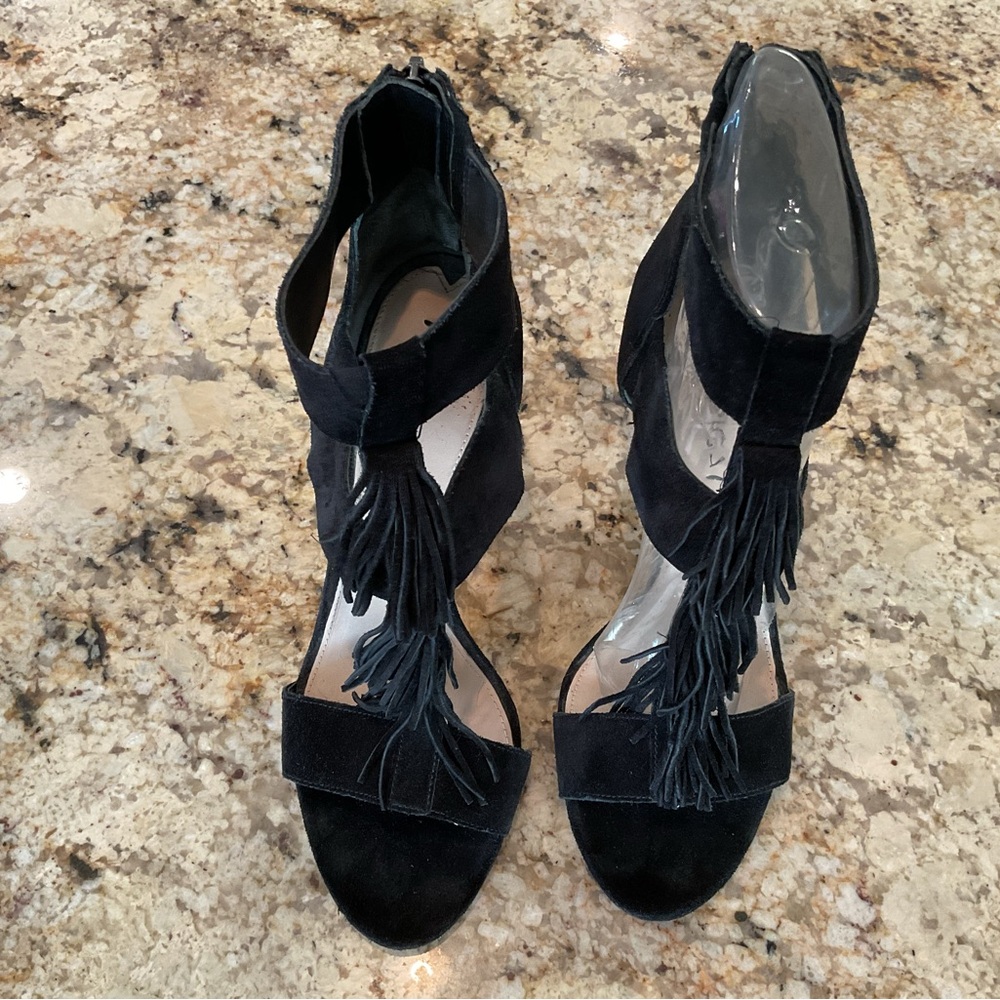 Via Spiga Black Suede Fringe Ankle-Strap Heels - Picture 2 of 7